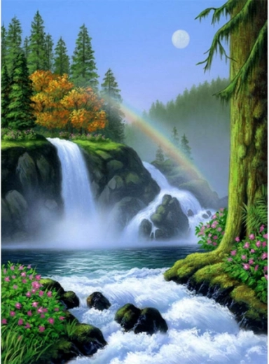 Mosaico di diamanti (diamond painting) cascata con arcobaleno 30 × 40 cm - 1 pezzo