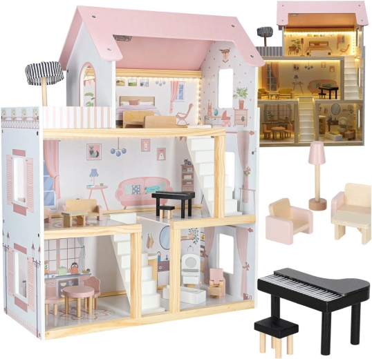 Casa delle bambole in legno con mobili e illuminazione LED 78 cm rosa