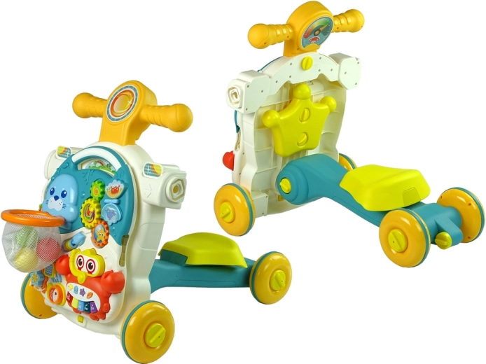 4 in 1: girello, tavolino, cavalcabile e monopattino