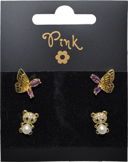 Set di orecchini placcati oro 4 pz orsetto e farfalla