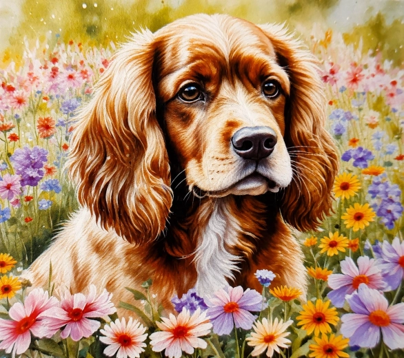 Norimpex pittura con diamanti Cocker Spaniel tra i fiori 30 × 40 cm