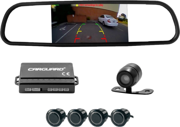 Kit di parcheggio con telecamera posteriore, sensori e display nello specchietto retrovisore