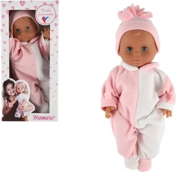 Bambola neonata HAMIRO 40 cm con corpo rigido in tutina bianco‑rosa e cuffietta rosa