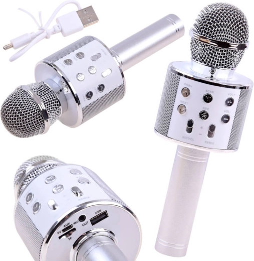 Microfono karaoke Bluetooth wireless con altoparlante integrato – argentato