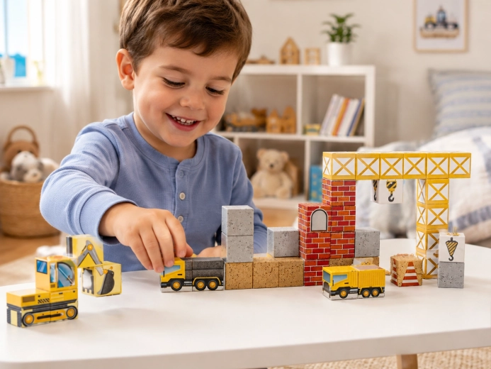 Cantiere realistico con gru e veicoli