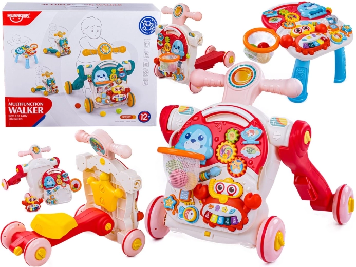 Girello multifunzione 4 in 1 per bambini con tavolino educativo, bici senza pedali e monopattino – rosa