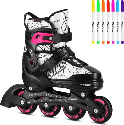 Pattini regolabili per bambini 4 in 1 con pennarelli NILS Extreme Tinty – rosa – S (31-34)