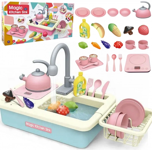 Lavello da cucina per bambini con acqua corrente e accessori – blu