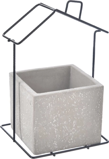 Vaso da fiori in cemento e metallo a forma di casetta, grigio