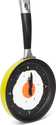 Orologio da parete a forma di padella con uovo all'occhio di bue giallo