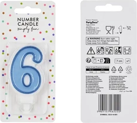 Candela di compleanno a forma di numero 6 blu, 7 cm