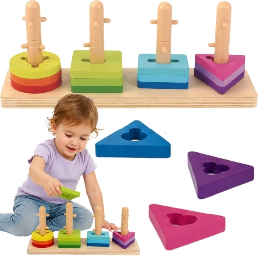 Gioco a incastro e infilatura in legno Tooky Toy con forme geometriche