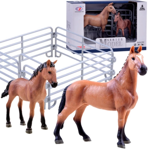 Set di figure di cavallo e puledro con recinto – Marrone – recinto senza cancello