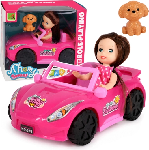 Mini bambola in cabriolet rosa con cagnolino