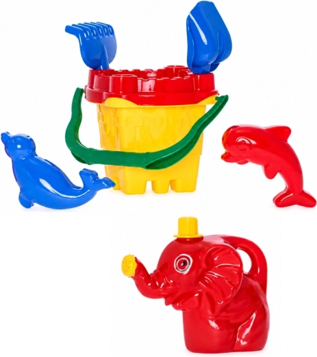 Set per la sabbia castello – secchiello, setaccio, annaffiatoio, formine, paletta e rastrello (7 pz)
