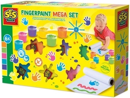 SES Creative mega set di colori a dita con 6 colori da 110 ml e carta da 2 m