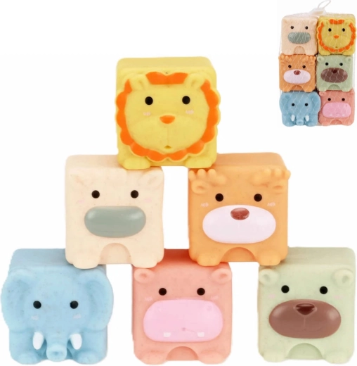 Morbidi cubi sensoriali squittanti per l’acqua a tema animali – set da 6 pz