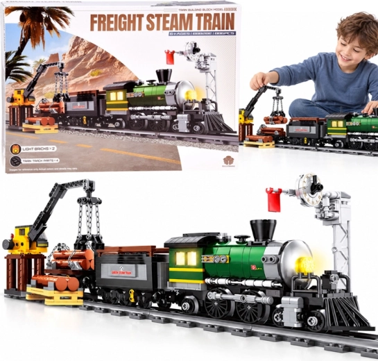 Set da costruzione con treno a vapore luminoso, vagone e gru