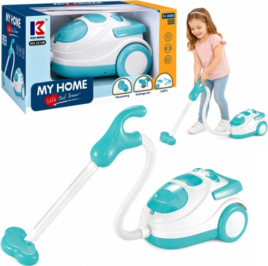 Aspirapolvere giocattolo per bambini a batterie bianco-blu con luce, suono e palline di polistirolo