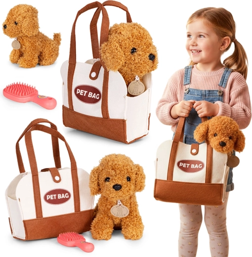 Cagnolino di peluche in borsa con spazzola – barboncino marrone per bambini