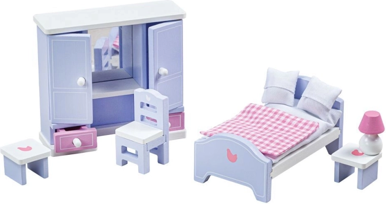 Tidlo camera da letto in legno per casa delle bambole nei colori pastello viola‑blu