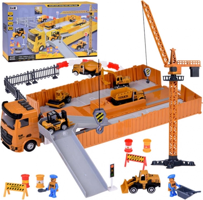 set di costruzione interattivo: autotreno con semirimorchio apribile, gru e carrello elevatore