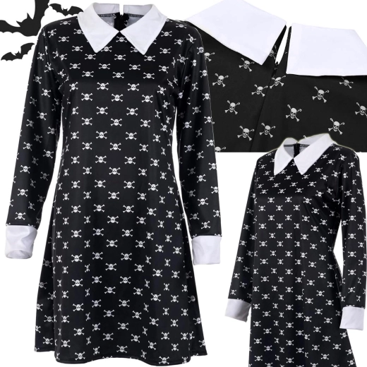 Costume per bambini Wednesday Addams – abito nero con teschi e colletto bianco (115–125 cm)