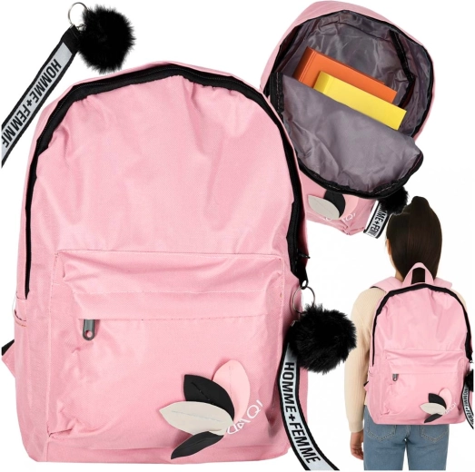 Zaino scolastico rosa con ciondolo a pon pon