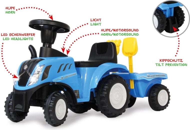 Trattore cavalcabile per bambini New Holland T7 con rimorchio 2 in 1 blu