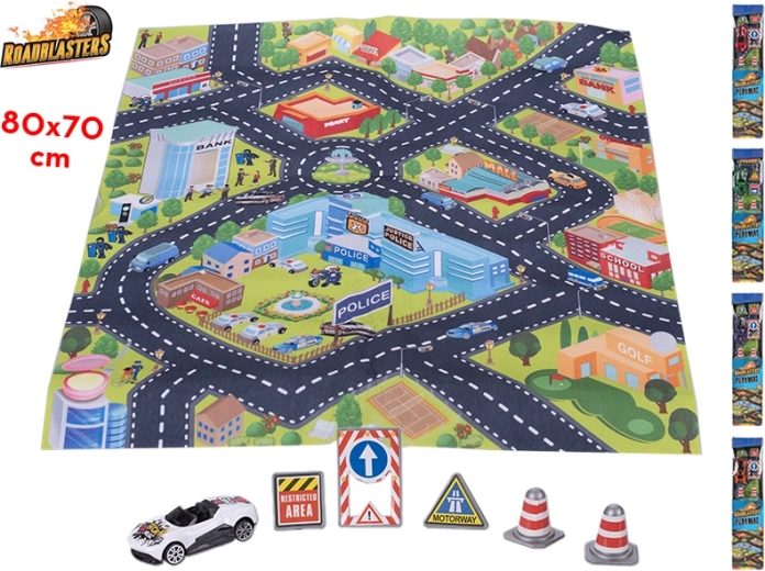 Tappeto stradale Roadblasters 80 × 70 cm con macchinina e segnali