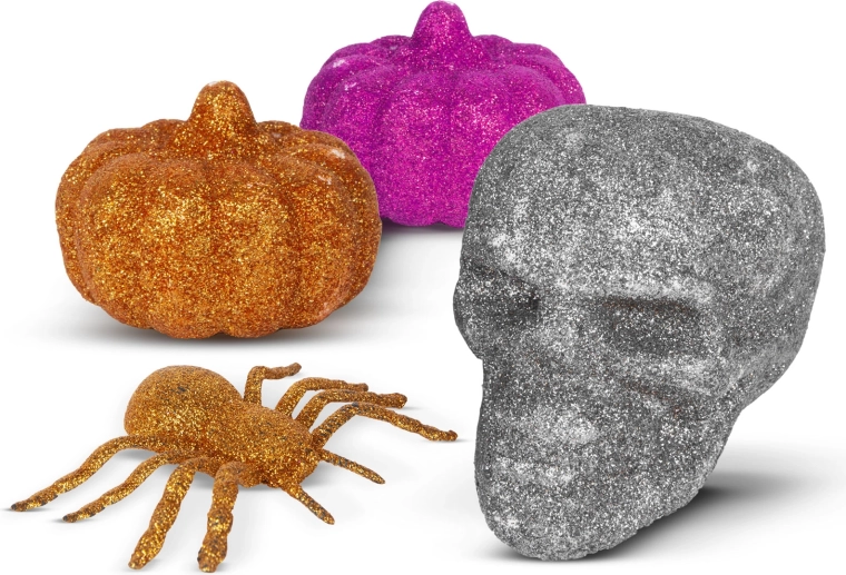 Set decorativo glitterato di Halloween con ragno, teschio e zucche