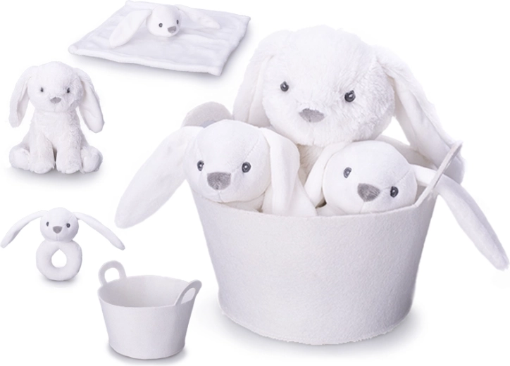 Set regalo per neonato – coniglietto di peluche bianco 20 cm, sonaglino e copertina nanna in morbido cestino