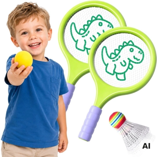 Set da badminton Woopie con racchette, pallina in schiuma e volano dinosauro