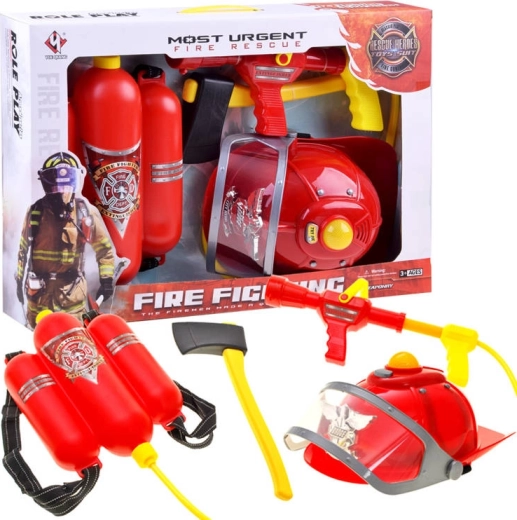 Set da vigile del fuoco per bambini con casco con luce e suono, zaino ad acqua e accessori