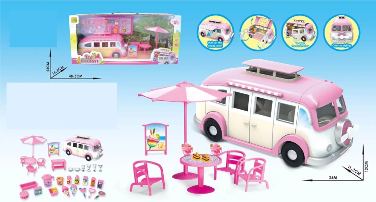 Caravan rosa pieghevole con gelateria e ricchi accessori