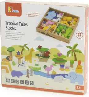VIGA Cubi di legno Storie tropicali colorate 55 pezzi