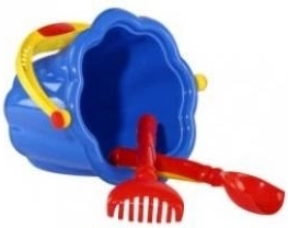 Set per la sabbia con secchiello, paletta e rastrello