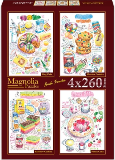 Set puzzle Magnolia: bundt cake, biscotti a forma di mostriciattoli, biscotti arcobaleno e panna cotta 4×260 pezzi
