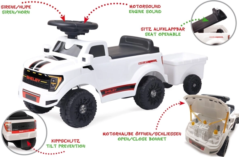Auto cavalcabile per bambini JAMARA Shelby Ford F-150 Raptor con rimorchio bianco