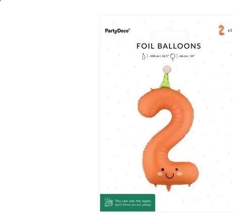 PartyDeco palloncino in foil numero 2 arancione con faccina 86 cm