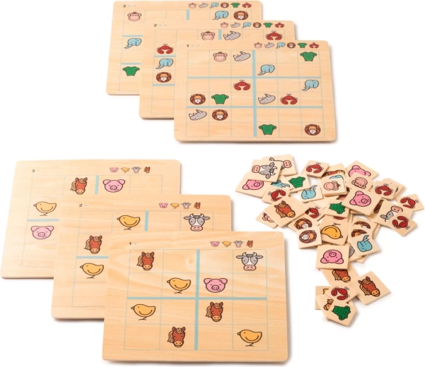 Pezzi in legno con animaletti e compiti