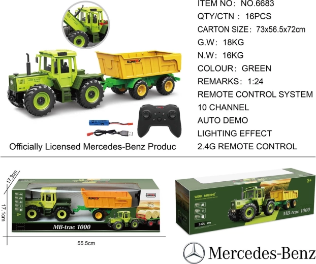 Trattore Mercedes-Benz verde radiocomandato con rimorchio giallo, scala 1:24