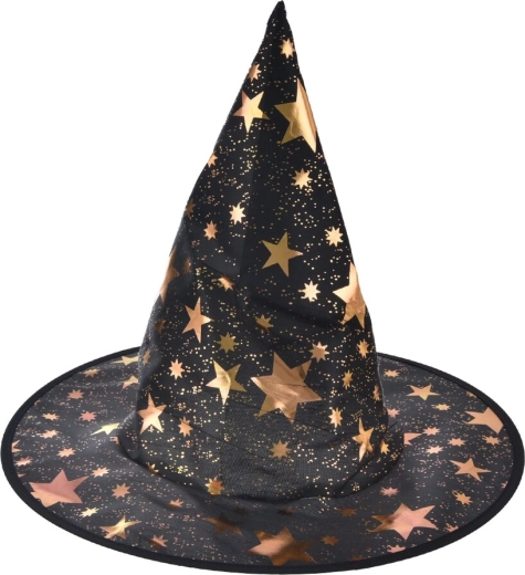 Cappello da strega nero a punta con stelle in poliestere
