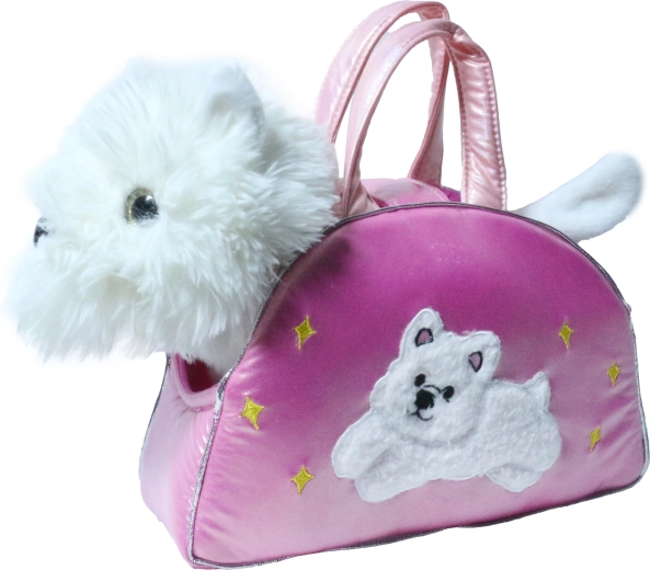 Cagnolino di peluche in borsetta di raso 27 cm