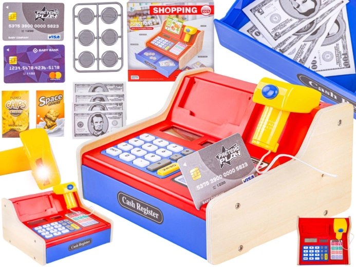 Cassa educativa in legno per bambini per giocare al negozio con calcolatrice e scanner