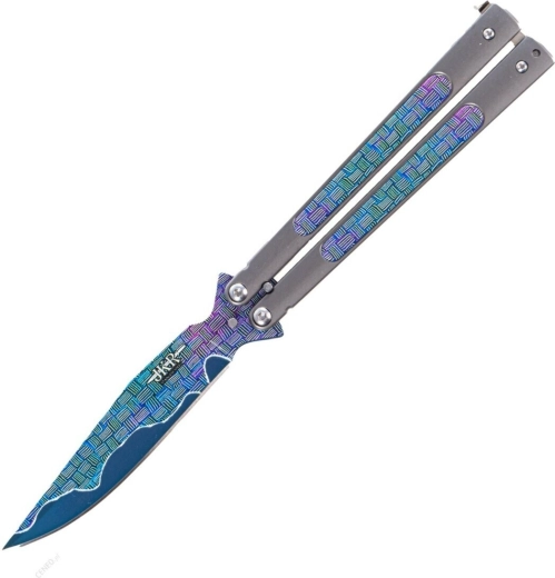 Coltello a farfalla pieghevole JOKER, lama 10,8 cm, tutto in metallo, finitura arcobaleno