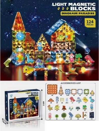 Set da costruzione magnetico Dino con elementi luminosi, 124 pezzi