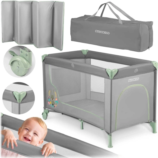 Lettino da viaggio per bambini Kikkids grigio-menta 125 × 65 × 78 cm con materasso e borsa
