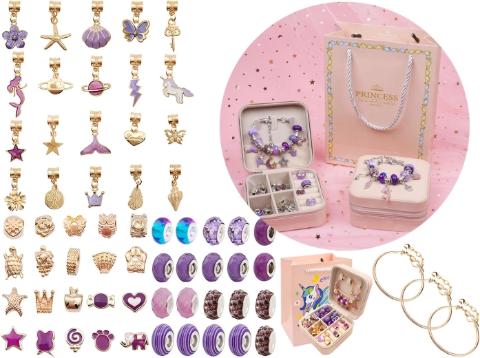 Kit per creare gioielli e braccialetti con perline e ciondoli nei toni del viola