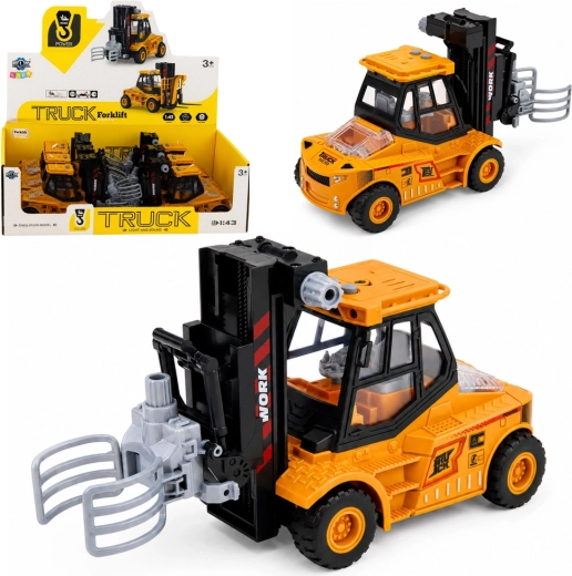 Carrello elevatore da cantiere con pinza regolabile, luci e suoni (giallo-nero) 1:43